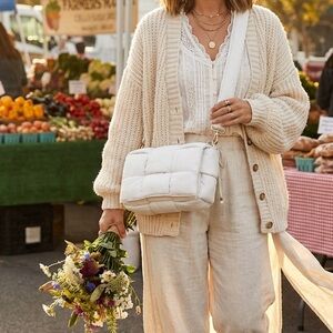 Elegant White Woven Quilted Fold Over Shoulder Bag | Crossbody Bag
